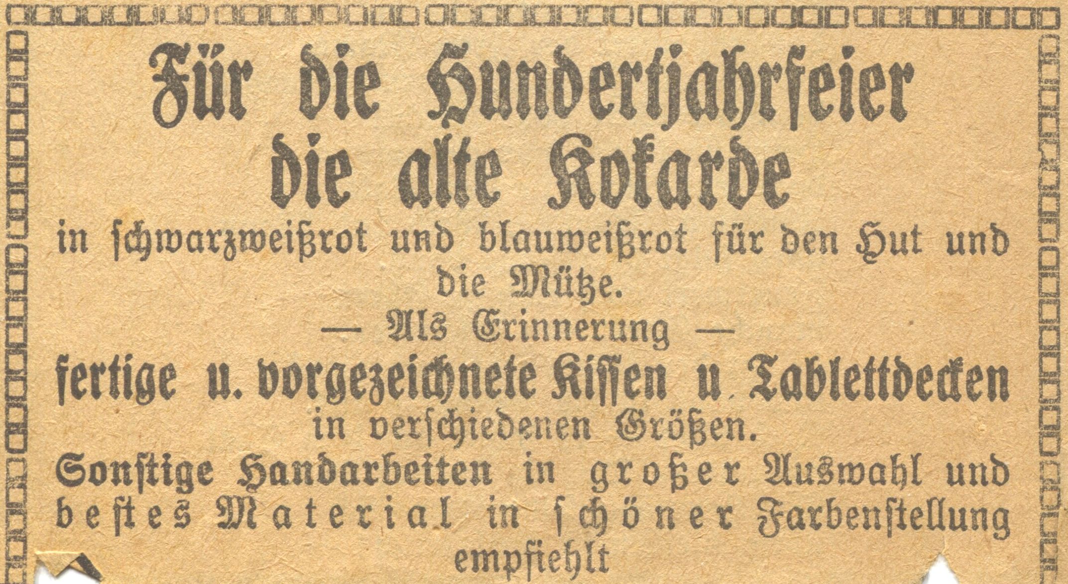 Anzeige zur Jahrhundertfeier: die alte Kokarde