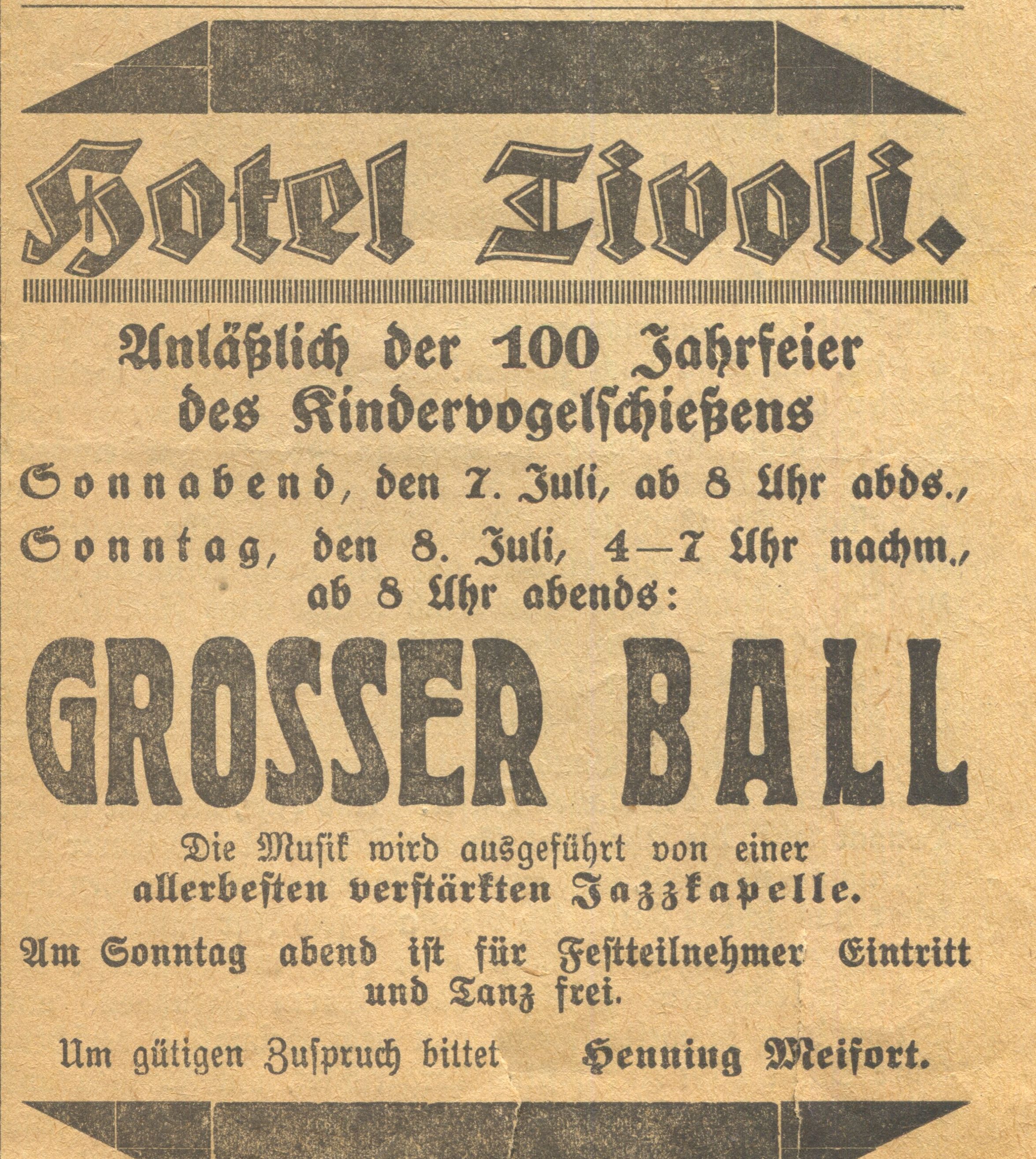 Anzeige zur 100-Jahrfeier: Großer Ball
